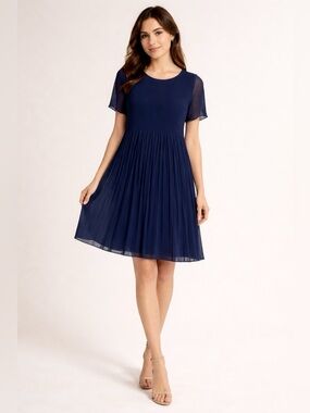 Premise Navy Blue Crepe Short Sleeve | Wedding Guest | Summer Dress - Size M